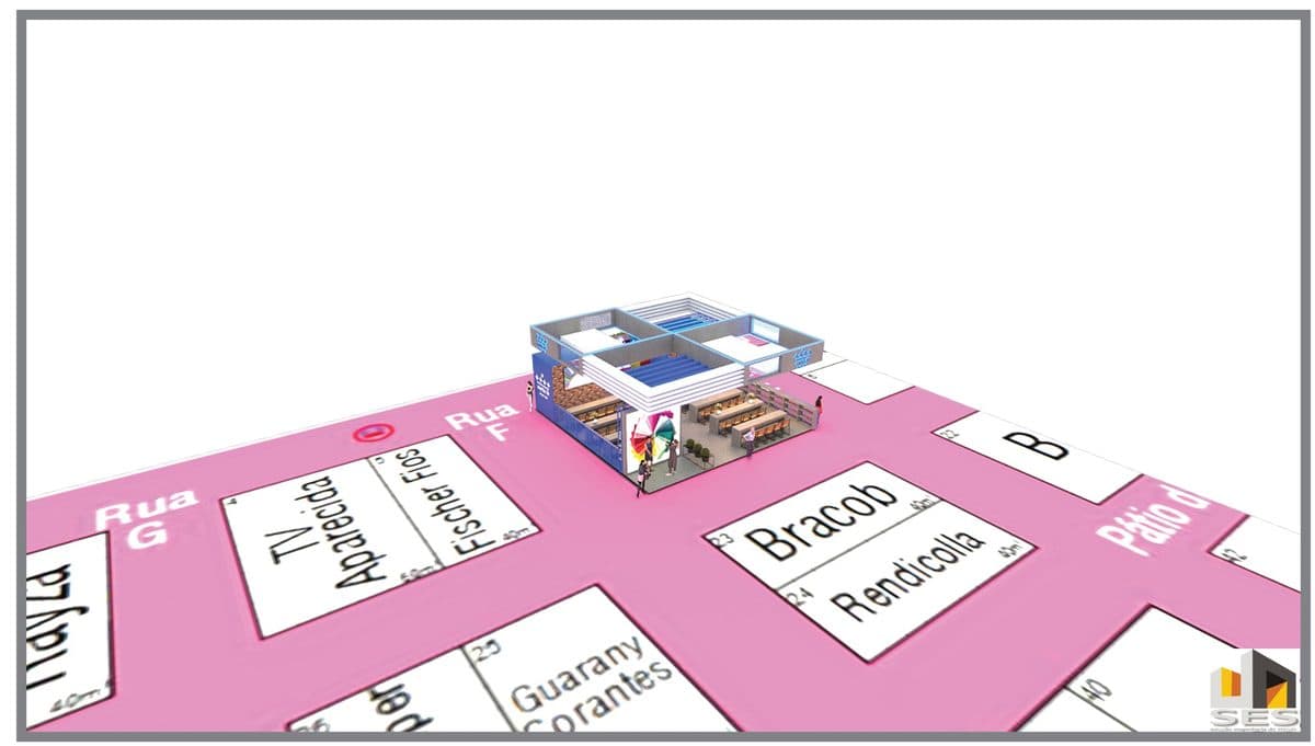 Planta baixa de stand com distribuição estratégica de ambientes